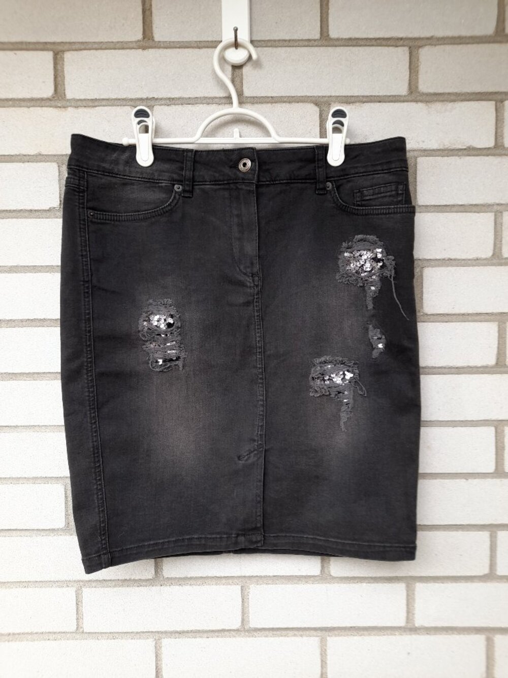 Black Denim Jean Skirt by Marc Aurel Sequins Distressed 32" Waist